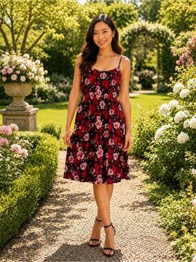 Old Navy Black Dress with Red & Pink Floral Pattern, Petite XL